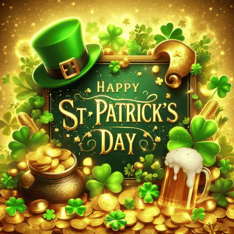 A Sign That Says Happy St. Patrick 'S Day Surrounded By Gold Coins And Clovers GIF