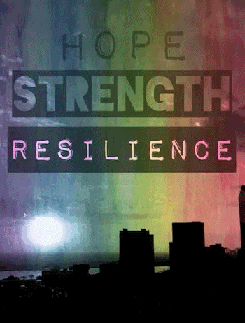 A Sign That Says Hope Strength Resilience With A Rainbow Background GIF