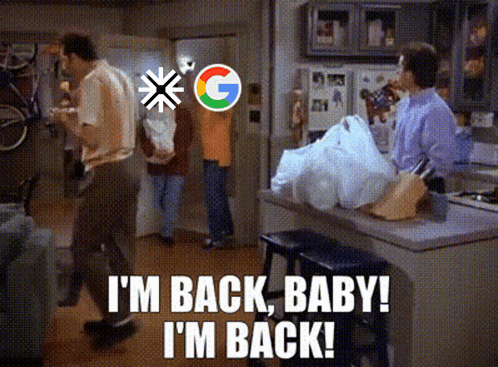 A Sign That Says " I 'M Back Baby I 'M Back " On It GIF