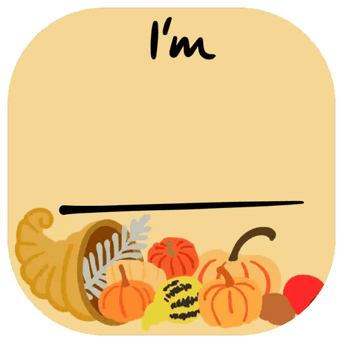 a sign that says i 'm thankful for with a cornucopia and pumpkins