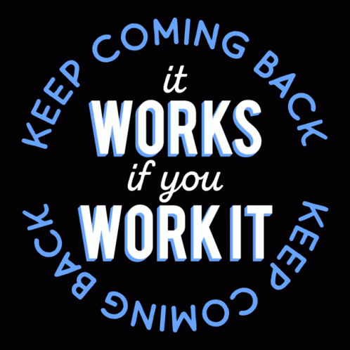 A Sign That Says " Keep Coming Back " And " It Works If You Work It " GIF