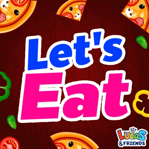 a sign that says let 's eat with pizza slices on it