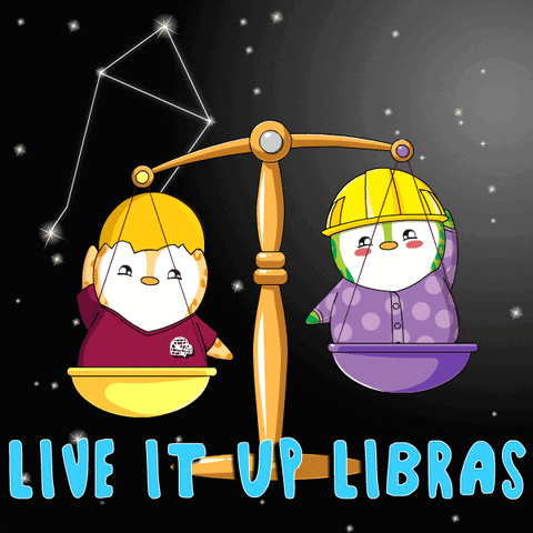 A Sign That Says Live It Up Libras With Penguins On Scales GIF