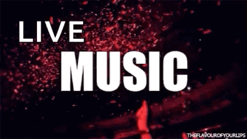 A Sign That Says `` Live Music '' On A Stage With Confetti Falling From The Sky . GIF