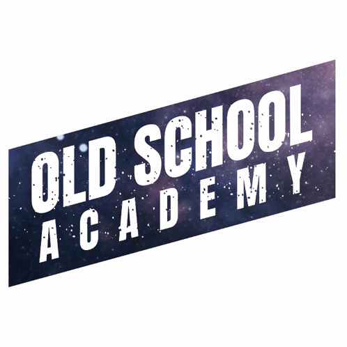 A Sign That Says Old School Academy In White On A Blue Background GIF