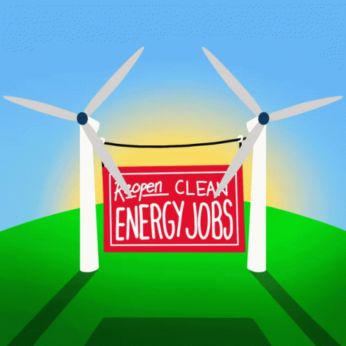 A Sign That Says " Open Clean Energy Jobs " Hangs From Two Windmills GIF