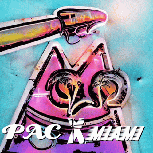 A Sign That Says Pac Miami With A Peace Sign GIF