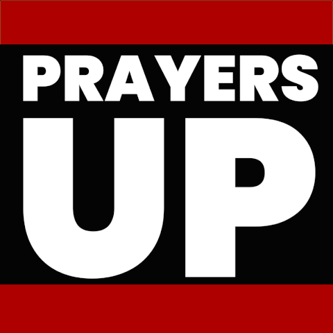 A Sign That Says Prayers Up With A Hand In Prayer GIF