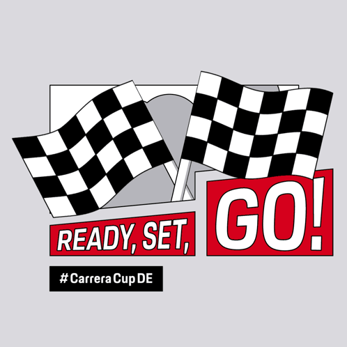 A Sign That Says " Ready Set Go " With Checkered Flags GIF