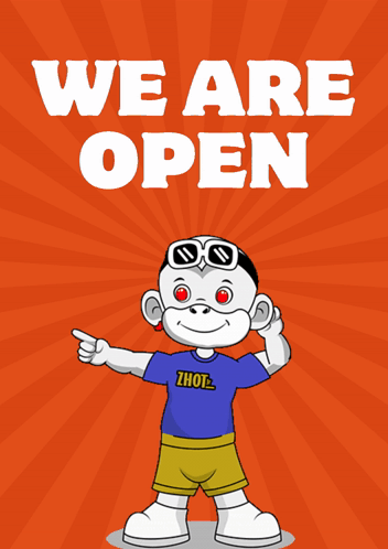 A Sign That Says We Are Open With A Cartoon Character On It GIF