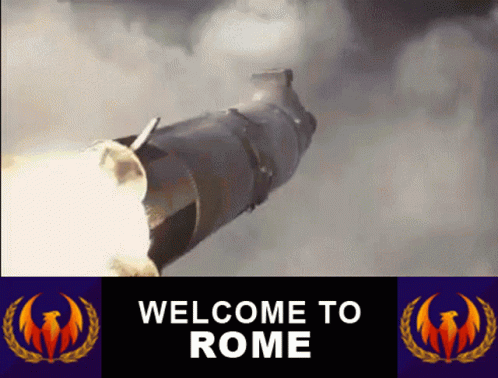 A Sign That Says Welcome To Rome With A Rocket In The Background GIF
