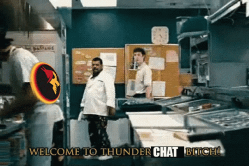 A Sign That Says Welcome To Thunder Chat Bitch In A Kitchen GIF