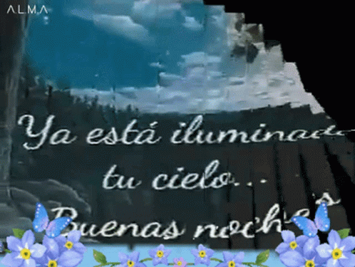 A Sign That Says " Ya Esta Ilumina Tu Cielo " Is Surrounded By Blue Flowers GIF