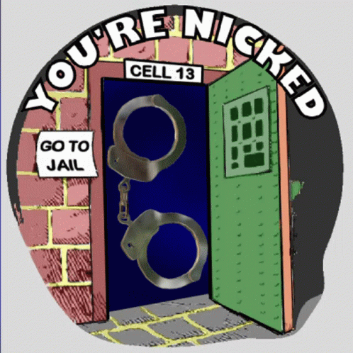 A Sign That Says You 'Re Nicked Cell 13 With Handcuffs On The Door GIF