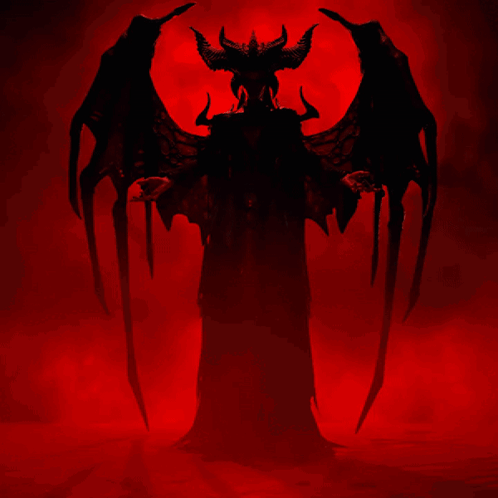 A Silhouette Of A Demon With Horns And Wings GIF
