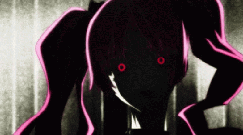 A Silhouette Of A Girl With Red Eyes And A Ponytail GIF