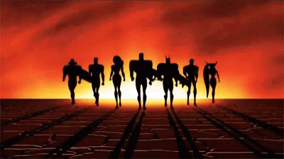A Silhouette Of A Group Of Superhero Characters Walking In A Line GIF