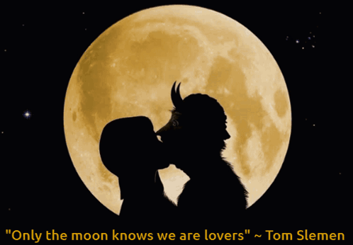 a silhouette of a man and a woman in front of a full moon