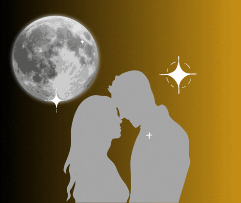 A Silhouette Of A Man And Woman Kissing With A Full Moon In The Background GIF