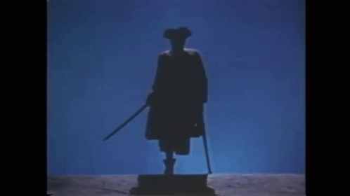 A Silhouette Of A Man Holding A Cane And A Sword Against A Blue Background . GIF