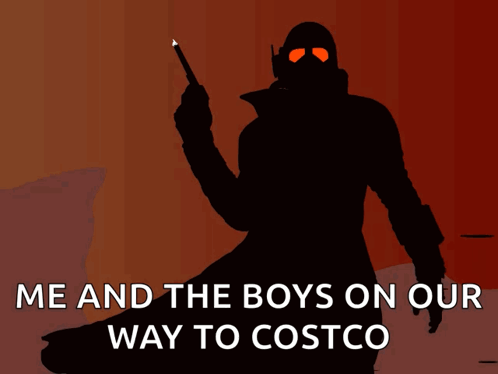A Silhouette Of A Man Holding A Cane With The Words Me And The Boys On Our Way To Costco GIF