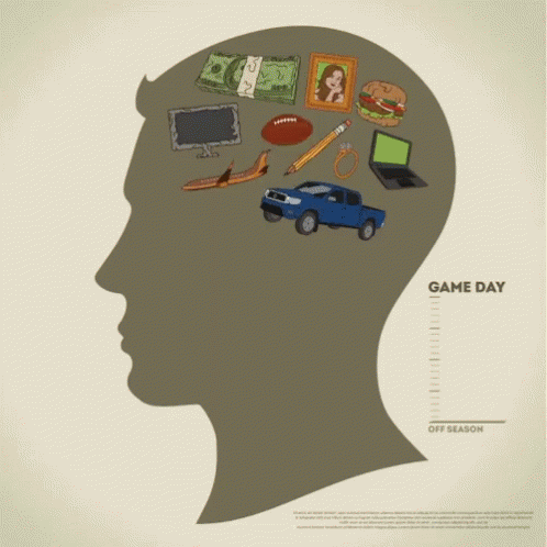 A Silhouette Of A Man 'S Head With A Football A Truck A Hamburger A Laptop And Money GIF
