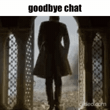 A Silhouette Of A Man Standing In A Doorway With The Words `` Goodbye Chat '' Written On The Bottom . GIF