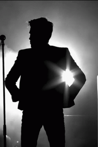 A Silhouette Of A Man Standing In Front Of A Microphone With His Hands On His Hips GIF