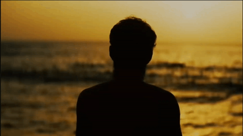 A Silhouette Of A Man Standing In Front Of The Ocean At Sunset GIF