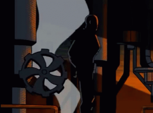 A Silhouette Of A Man Standing Next To A Metal Gear GIF