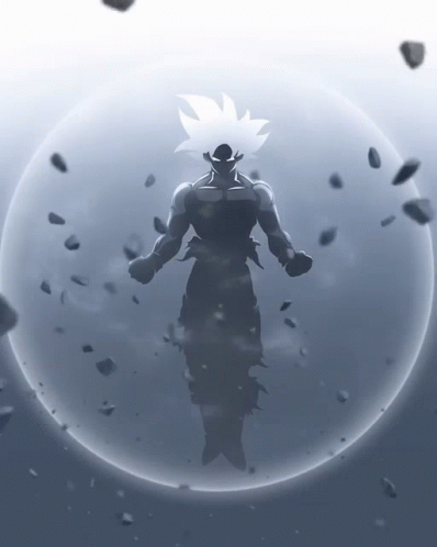 A Silhouette Of A Man With White Hair Standing In A Sphere GIF