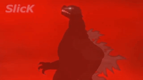 A Silhouette Of A Monster With Glowing Eyes On A Red Background With The Word Slick Above It GIF
