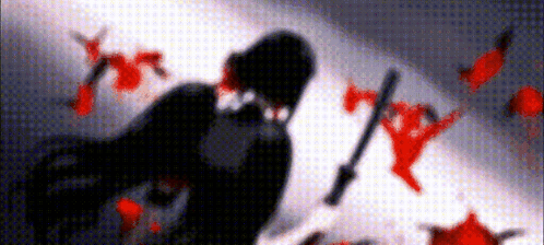 A Silhouette Of A Person Holding A Sword In A Dark Room With Blood Coming Out Of It . GIF