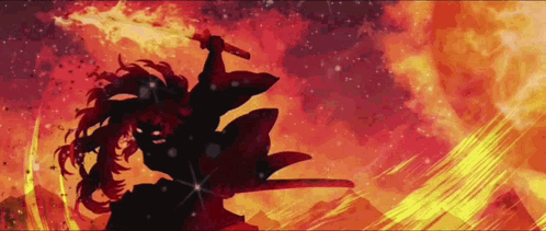 A Silhouette Of A Person Holding A Sword In Front Of A Firestorm . GIF