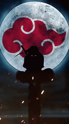 A Silhouette Of A Person Holding A Sword In Front Of A Full Moon With Red Clouds GIF