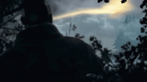 A Silhouette Of A Person In A Dark Forest With Trees In The Foreground GIF