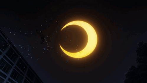 A Silhouette Of A Person Jumping Over A Crescent Moon With A Building In The Background GIF