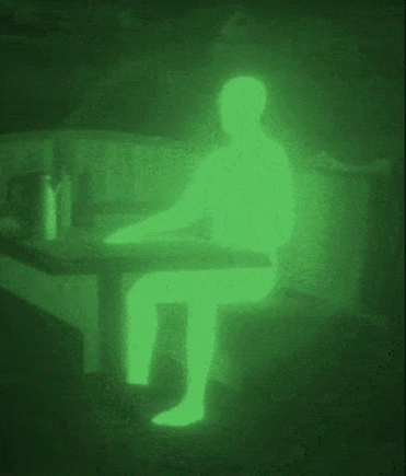 A Silhouette Of A Person Sitting At A Table In A Dark Room With A Green Light Behind Them . GIF