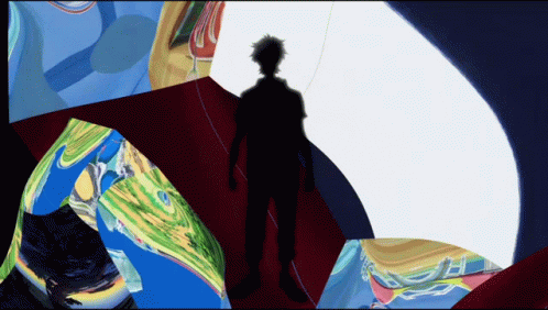 A Silhouette Of A Person Standing In A Room With A Colorful Background GIF