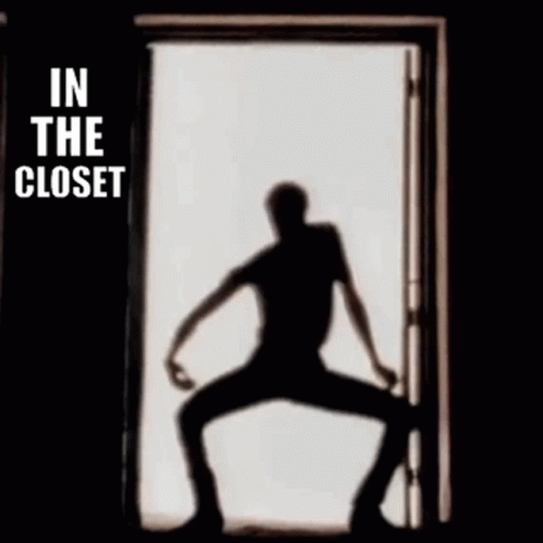 A Silhouette Of A Person Standing In Front Of A Door With The Words In The Closet Below It GIF