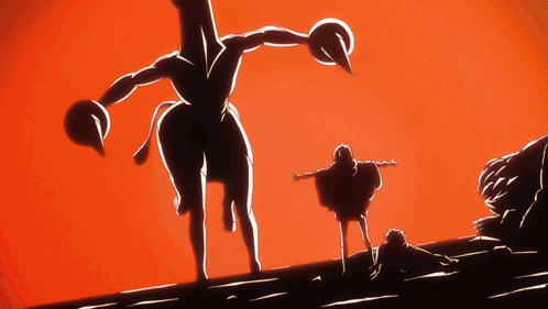 A Silhouette Of A Person Standing Next To A Giant Monster GIF