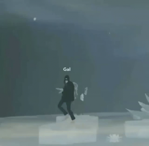 A Silhouette Of A Person Standing On Ice With The Name Gal On The Bottom GIF