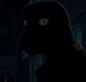 A Silhouette Of A Person Wearing A Black Mask With White Eyes GIF