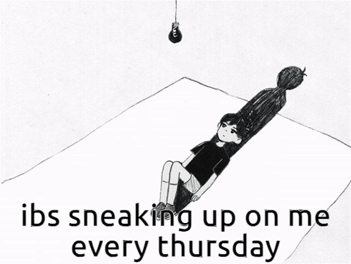 A Silhouette Of A Person With The Words " Ibs Sneaking Up On Me Every Thursday " Below It GIF