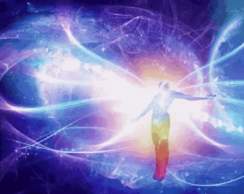 A Silhouette Of A Person With Their Arms Outstretched Is Surrounded By A Rainbow Of Lights GIF