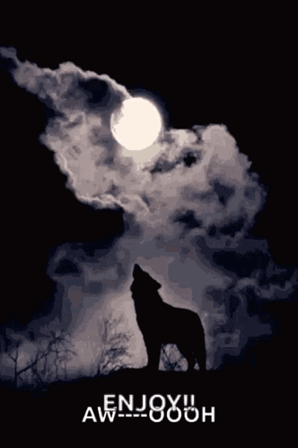 A Silhouette Of A Wolf Howling At A Full Moon With The Words Enjoy Aw Written Below It GIF