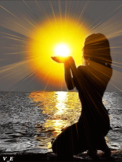 A Silhouette Of A Woman Holding The Sun In Her Hands With The Letters Ve Below Her GIF