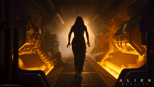 A Silhouette Of A Woman In A Dark Room With The Words Alien Romulus On The Bottom GIF