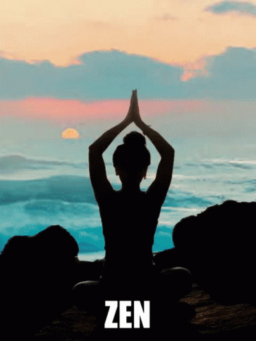 A Silhouette Of A Woman Sitting In A Lotus Position With The Word Zen Above Her GIF