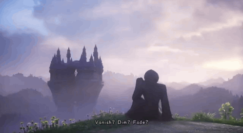 A Silhouette Of A Woman Sitting In Front Of A Castle With The Words Vanish Dim Fade Written Below Her GIF